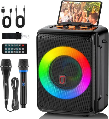 Vista 9 de HWWR Máquina de karaoke, altavoz Bluetooth portátil con 2 micrófonos inalámbricos para adultos y niños, máquina de cantar para fiestas y reuniones