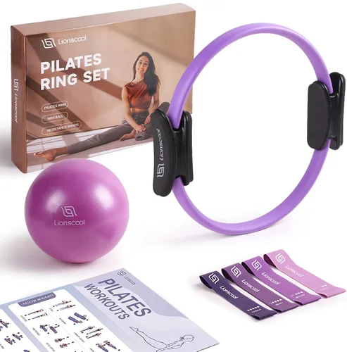 Vista 7 de LIONSCOOL Pilates Ring Set - 14" Anti-Deformation Magic Circle with Padded Handles, 9" Mini Ball, Elastic Latex Resistance Bands, Guide & Bag