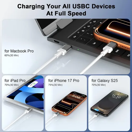Vista 4 de Cable USB C a USB C de 3 pies 100 W, cable de carga rápida tipo C para iPhone 17e 17 16 Pro Max 15/iPad Pro 10 11/MacBook Air, para Samsung S26 S25