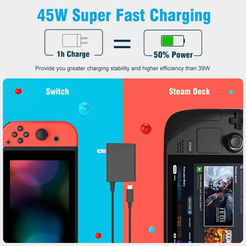 Vista 6 de Cargador para Nintendo Switch, adaptador de corriente alterna MARSDOCK de 45 W para interruptor, carga rápida de 15 V 2.6 A con cable USB C de 5