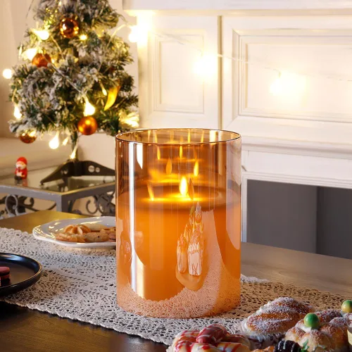 Vista 9 de JHY DESIGN Velas de cristal sin llama de 3 mechas de 8 pulgadas de alto operadas por batería con llama danzante parpadeante LED velas tipo pilar