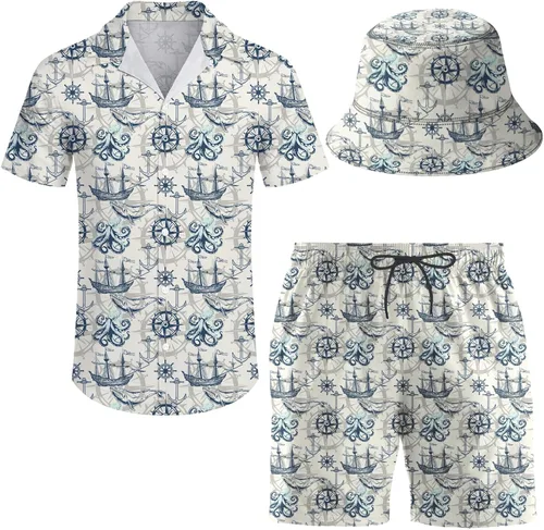 Vista 7 de Conjunto deportivo de 2 piezas para hombre, camisa hawaiana, pantalones cortos, camisa con botones y pantalones cortos con sombreros de pescador