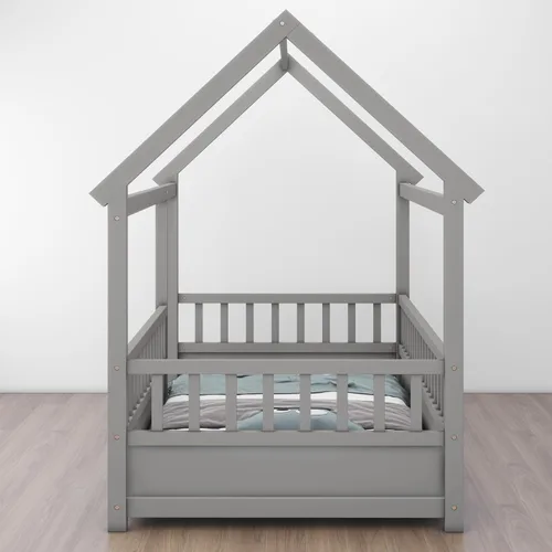 Vista 6 de Harper & Bright Designs Marco de cama de piso de casa de tamaño individual con valla, cama Montessori de madera con marco de techo de casa Gris