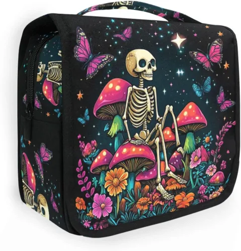 Vista 15 de MNSRUU Neceser colgante con diseño de calavera y girasol, bolsa de maquillaje de viaje para artículos de tocador, organizador de artículos
