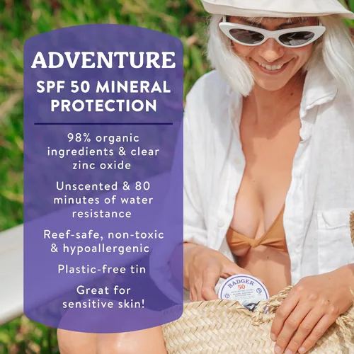 Vista 2 de Badger Protector solar biodegradable seguro para arrecifes, protector solar mineral SPF 50, 98% ingredientes orgánicos, sin perfume, resistente al