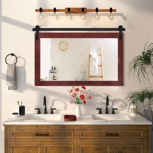 Vista 16 de COGOOD Espejo de puerta de granero de granja, 25 x 18 pulgadas, espejo decrativo con marco de madera rústica para baño, sala de estar, decoración