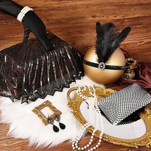 Vista 6 de Conjunto de flapper para mujer, diadema de los años 20, accesorios de disfraz para fiesta de Halloween, cosplay
