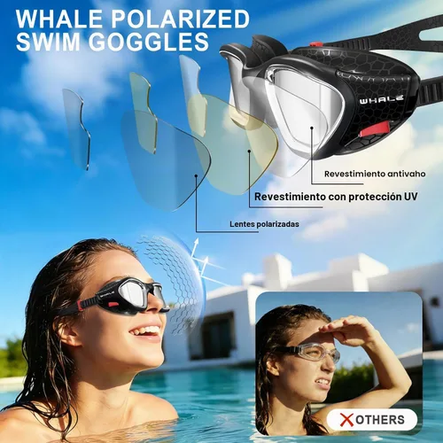 Vista 5 de Whale Gafas de natación polarizadas antiniebla, unisex, 100% protección UV, gafas antivaho de alta definición, visión de gran angular