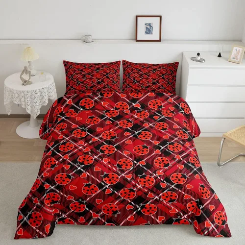 Vista 11 de jejeloiu Lindo juego de edredón de mariquita roja de dibujos animados, juego de ropa de cama para niños y niñas, decoración de animales kawaii