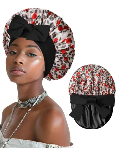 Vista 13 de Gorro de satén para mujeres, gorros de seda para dormir, gorro para cabello rizado con banda elástica con lazo, reversible de doble capa, gorro