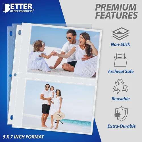 Vista 5 de Better Office Products Hojas de repuesto para álbumes, 5 x 7 pulgadas, pesadas, de 3 anillos transparentes con 3 anillas, 100 fotos en total, cada