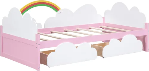 Vista 7 de Merax Cama individual con decoración de nubes y arco iris, marco de cama de madera con cajones de almacenamiento para niños