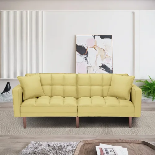Vista 10 de Sofá cama futón convertible, moderno sofá cama plegable tapizado de lino con dos almohadas, sofá cama de 75 pulgadas para sala de estar, dormitorio