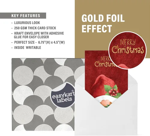 Vista 5 de easykart labels 20 tarjetas de gnomo navideño con sobres y pegatinas de sellado, 4 diseños navideños de Santa con efecto de hoja dorada, 6.75" x
