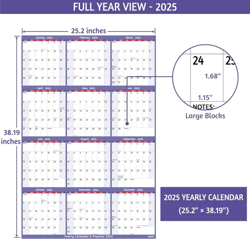 Vista 4 de Calendario anual de pared 2025 – Calendario anual grande 2025, enero 2025 – diciembre 2025, 25.2 x 38.2 pulgadas (abierto), calendario 2025