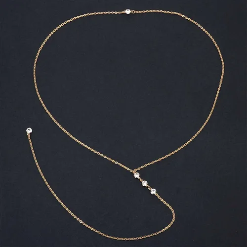 Vista 3 de Collar de telón de fondo de cristal de boda con circonita cúbica dorada, collar de cadena larga con diamantes de imitación en Y, collar de espalda