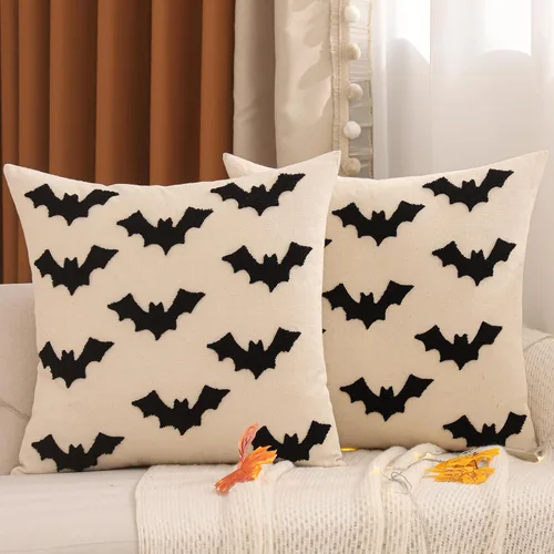 Vista 11 de Juego de 2 fundas de almohada de Halloween de 16 x 16 pulgadas con bordado de murciélagos 3D negros, fundas de almohada de Acción de Gracias, fundas