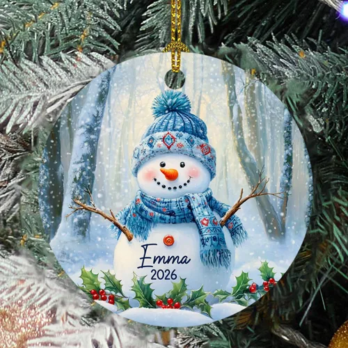Vista 22 de Adorno de cristal de Navidad personalizado con nombre, muñeco de nieve personalizado para árbol de Navidad 2025, nuevo adorno de Navidad para bebé