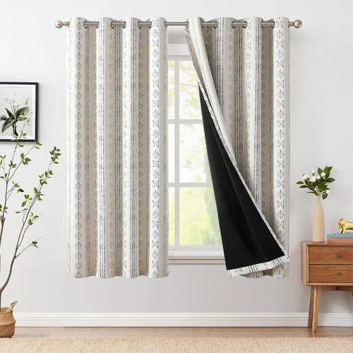 Vista 60 de jinchan - Cortinas bohemias 100% blackout de 54 pulgadas de largo para dormitorio, estampado geométrico negro sobre beige, con ojales
