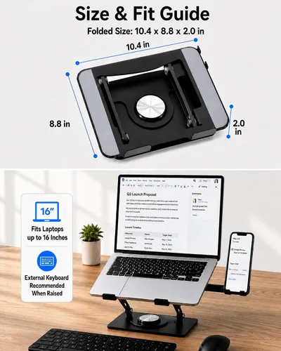 Vista 7 de 2-in-1 Laptop Stand with Phone Holder, 360° Swivel Laptop Riser for Desk Black