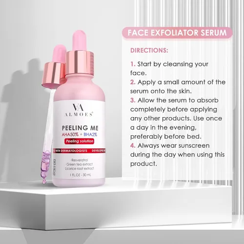 Vista 7 de ALMOES - Suero exfoliante facial con AHA y 2% BHB para eliminar puntos negros, exfoliante facial para tono y textura, minimizador de poros, suero