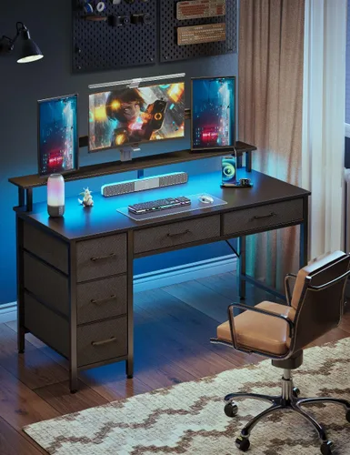 Vista 2 de Seventable Escritorio de Computadora con Tomas de Corriente y Luz LED, Escritorio de Oficina en Casa de 39 Pulgadas con 5 Cajones, Escritorio