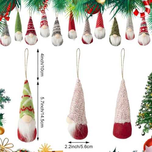 Vista 2 de Vinsot 24 piezas Adornos de árbol de Navidad colgantes de gnomo Adornos navideños colgantes a granel Adornos suecos de felpa hechos a mano Elfo