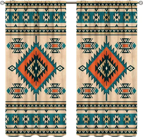 Vista 60 de Cortinas con patrón geométrico tribal, estilo suroeste, azteca, rústico, occidental, nativo americano, opacas, con bolsillo para barra, decoración