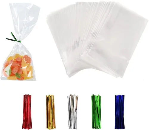 Vista 8 de 100 bolsas de celofán de 3 x 11 pulgadas, bolsas transparentes para dulces con lazos giratorios de 4 pulgadas, bolsas de plástico para violonchelo