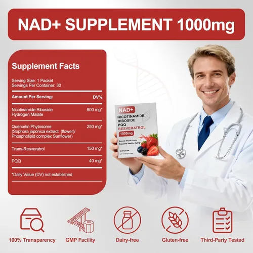 Vista 2 de Howave NAD+Suplemento líquido de 1000 mg, 24 paquetes, con ribósido de nicotinamida, resveratrol y PQQ - NADBooster de envejecimiento saludable