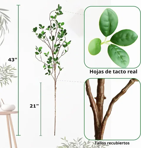 Vista 2 de Htmeing Ramas artificiales de eucalipto verde con hojas, tallos largos sintéticos, plantas vegetales, ramitas de ficus para el hogar, oficina 5