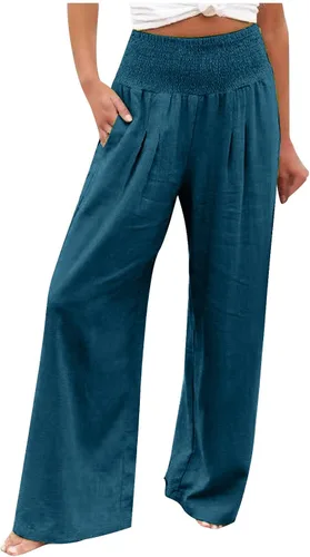 Vista 35 de SHAOBGE Pantalones palazzo de verano para mujer, cintura alta, pierna ancha, casual, cintura elástica, pantalones de playa con bolsillos