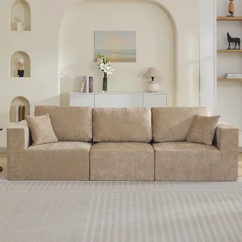 Vista 22 de WUTUTUEE Sofá modular en forma de U de 115 pulgadas, sofá modular modular de 3 plazas con 2 otomanas móviles, sofá cama convertible de pana con Beige