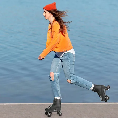 Vista 5 de XUDREZ - Patines de cuero PU para hombres y mujeres, tipo botines, de doble fila, para principiantes, patines profesionales para interiores