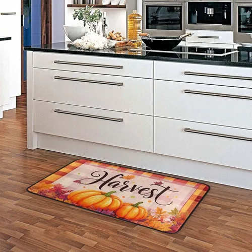 Vista 5 de Alfombra de cocina con calabazas de otoño y otoño, antifatiga, a cuadros, calabaza, hojas de arce, tapetes de cocina antideslizantes y lavables