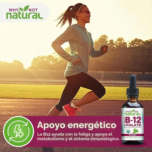 Vista 2 de Why Not Natural Vitamina B12 Líquido Plus Folato - Gotas veganas sublinguales orgánicas extra fuertes - Suplemento de metilo con folínico