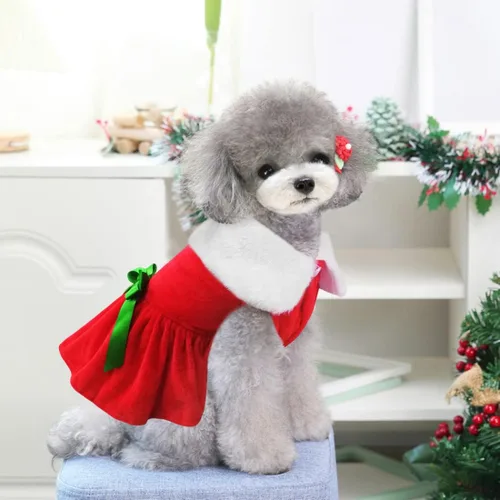 Vista 4 de Idepet Vestido de Navidad para Perro de 2 Piezas, Falda para Perro de Papá Noel Disfraz de Cachorro Navideño Conjunto Navideño Ropa de Invierno
