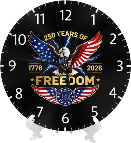 Vista 3 de Reloj de pared redondo 1776-2026, conmemorativo, silencioso, sin tictac, funciona con pilas, reloj de escritorio silencioso de cuarzo águila