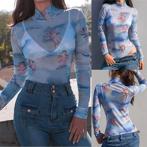 Vista 2 de Trajes de verano para mujer, sexy, con estampado de ángel, manga larga, monos