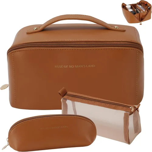 Vista 9 de 3 bolsas de maquillaje de viaje portátiles de gran capacidad para mujeres, estuche organizador de maquillaje plano abierto, bolsa organizadora
