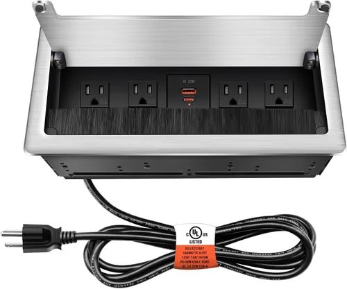 Vista 8 de Caja de toma de corriente integrada Mesa; concentrador de alimentación para mesa de conferencias; 4 salidas AC TR, USB-A USB-C PD 20 W carga rápida