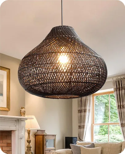 Vista 15 de Luces Colgantes Bohemias, Candelabro de Ratán de 1 Luz de 15.7", Luz Colgante de Mimbre Tejida a Mano con Pantalla de Jacinto de Agua, Luz Colgante