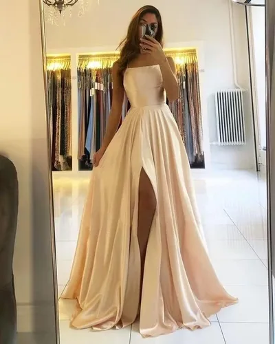 Vista 2 de GODCUN Vestidos largos de dama de honor para mujer, vestido de baile de satén con abertura alta, tirantes delgados, vestido formal con bolsillos