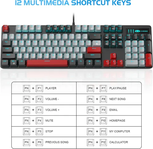 Vista 8 de MageGee - Teclado mecánico para juegos, nuevo teclado retroiluminado de 104 teclas con interruptores azules, teclado mecánico USB con cable