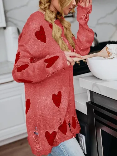 Vista 4 de Tutorutor Lindos suéteres para mujer con estampado de corazón de amor holgado con hombro descubierto top de punto de San Valentín