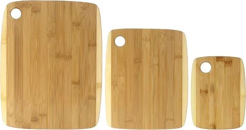 Vista 7 de Totally Bamboo Juego de tablas de cortar de bambú de dos tonos de 3 piezas, tablas de cocina reversibles para cortar y servir queso, carne, verduras