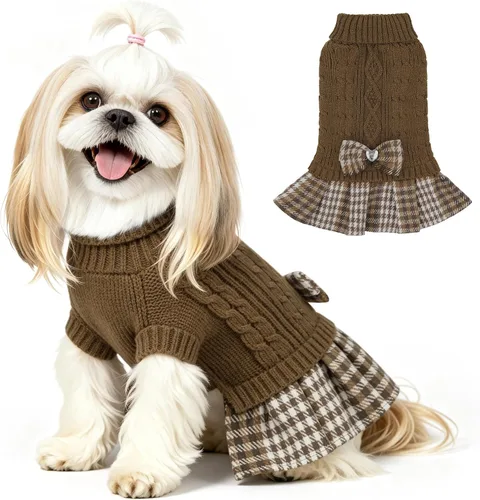 Vista 10 de YUDODO Small Dog Sweater Dress with Bowtie Turtleneck - Knitted Pet Clothes Dusty Pink