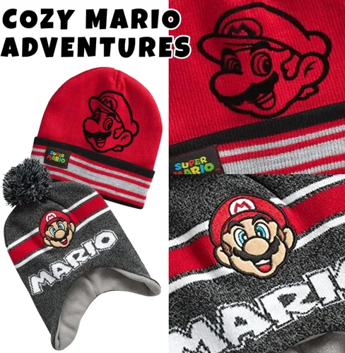 Vista 3 de Nintendo Super Mario Bros. Gorro de invierno para niños, paquete de 2 gorros Super Mario Pom Pom (4-7), talla 4-7, edad 4-7