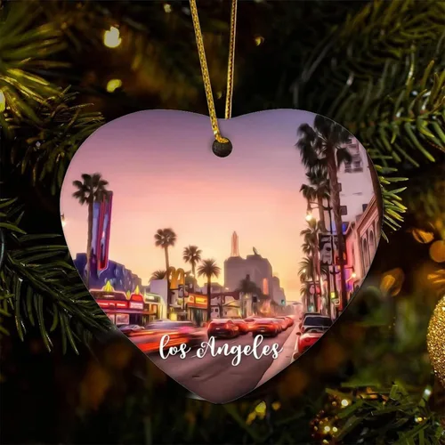 Vista 6 de Escena de la ciudad de Los Ángeles, paisaje urbano, paisaje natural, adorno de corazón, decoración de árbol de Navidad, adorno de Navidad plano