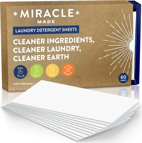 Vista 14 de Miracle Made Hojas de detergente para ropa sin líquido, ultraconcentradas, ahorran espacio, sin tintes, blanqueador o parabenos, 32 tiras